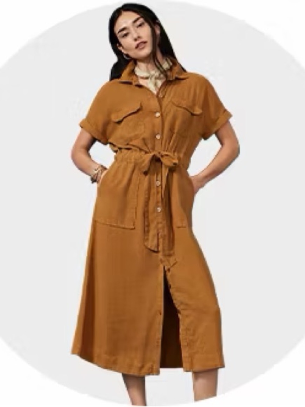 a.n.a. Linen Blend Midi Shirt Dress Tie Waist Button Front Brown M NWT - Picture 2 of 12